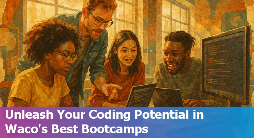 A diverse group of beginner adult students coding together in a bright Waco, Texas classroom with laptops.