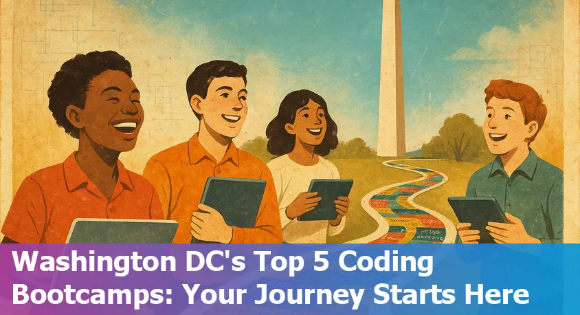 Students collaborating on laptops at a lively Washington, DC coding bootcamp in 2025.