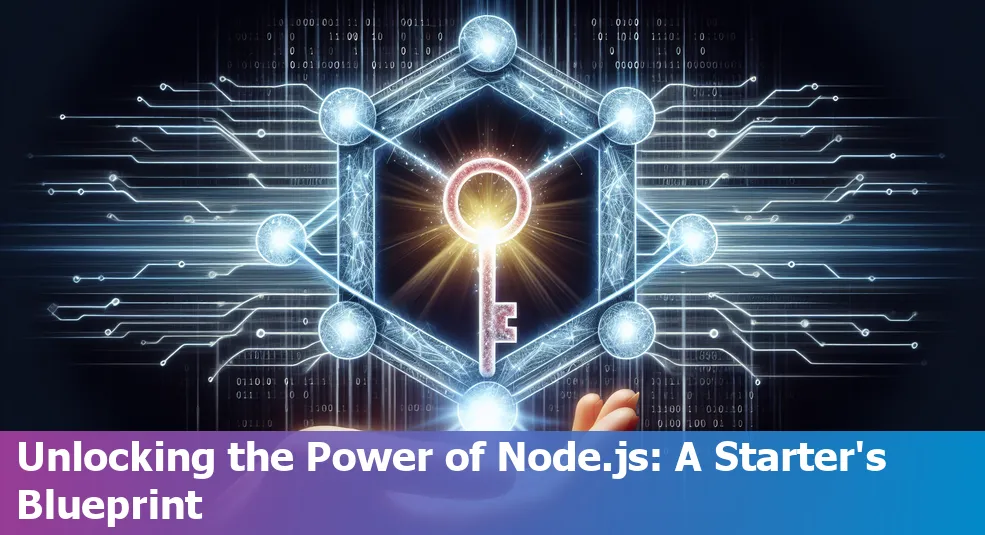 Illustration of Node.js logo with background image of server racks