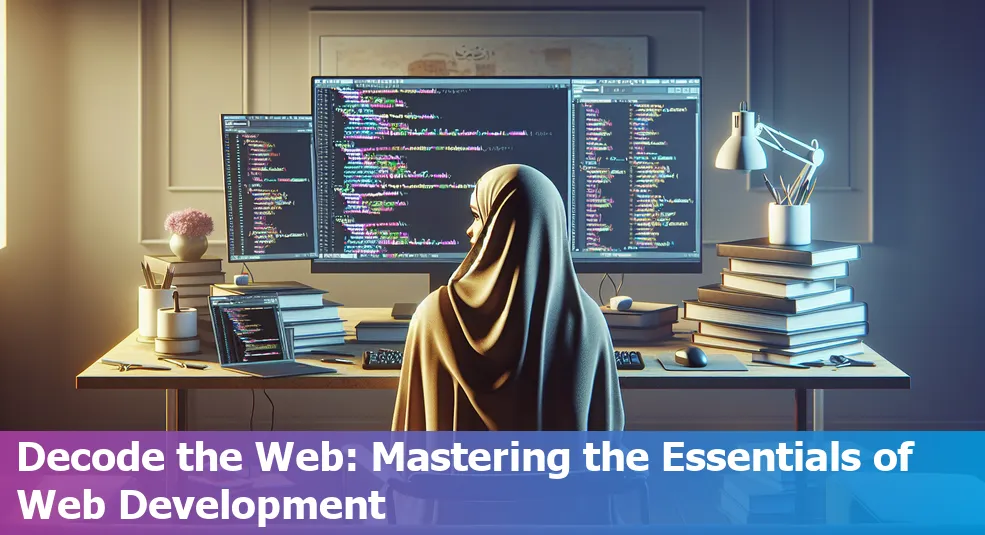 Visual representation of web development basics with icons for HTML, CSS, and JavaScript.