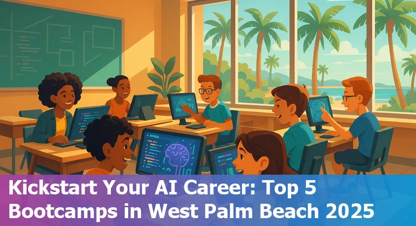 Students in West Palm Beach engaging in an AI bootcamp with laptops and instructors in a modern classroom setting.