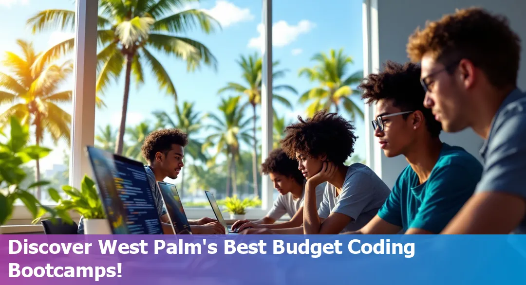 A group of diverse students coding on laptops at a bootcamp in West Palm Beach.
