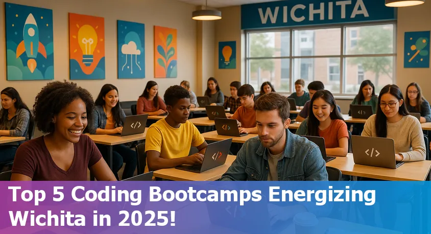 Five coding bootcamp students collaborating in a modern Wichita classroom, representing diverse backgrounds.