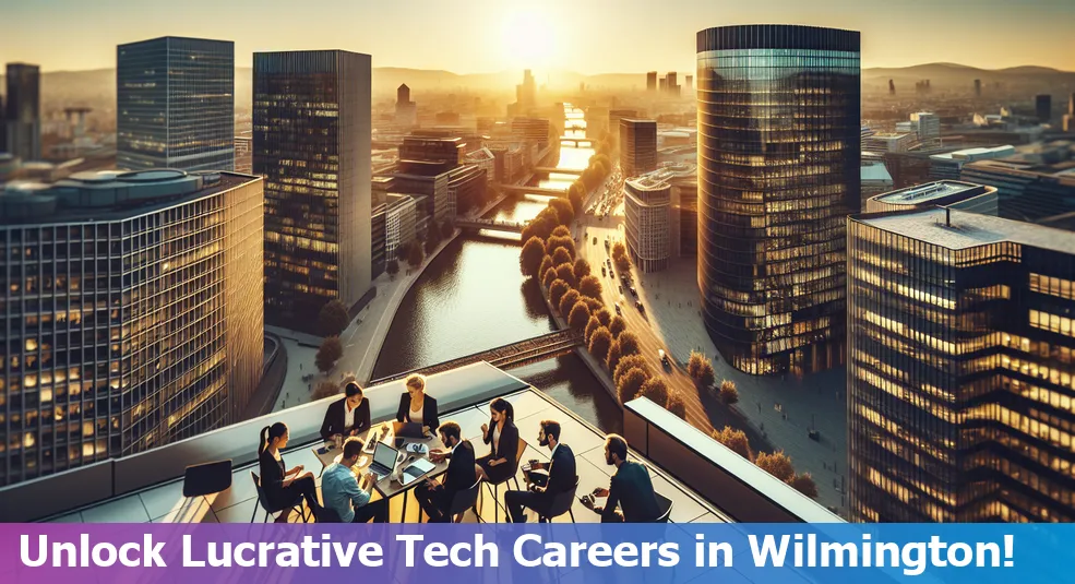 A collage of Wilmington, NC with tech icons representing top-paying tech jobs.