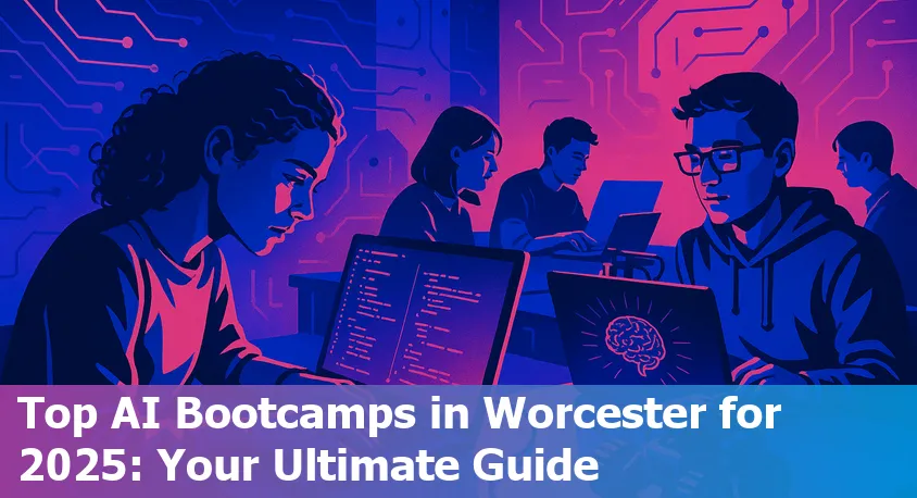 A group of diverse students learning AI in a Worcester bootcamp classroom, collaborating and working on laptops.