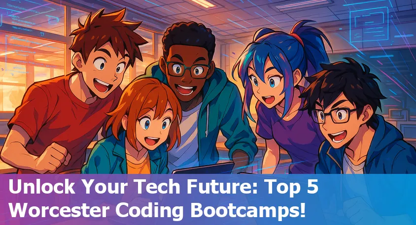 Five diverse students learning coding together in Worcester, Massachusetts in 2025, with cityscape view.