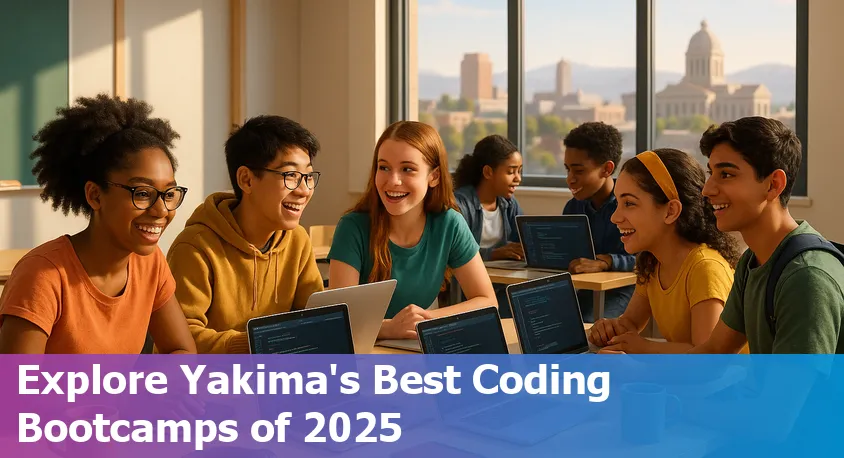 Group of diverse Yakima students collaborating cheerfully at laptops in a modern coding bootcamp classroom