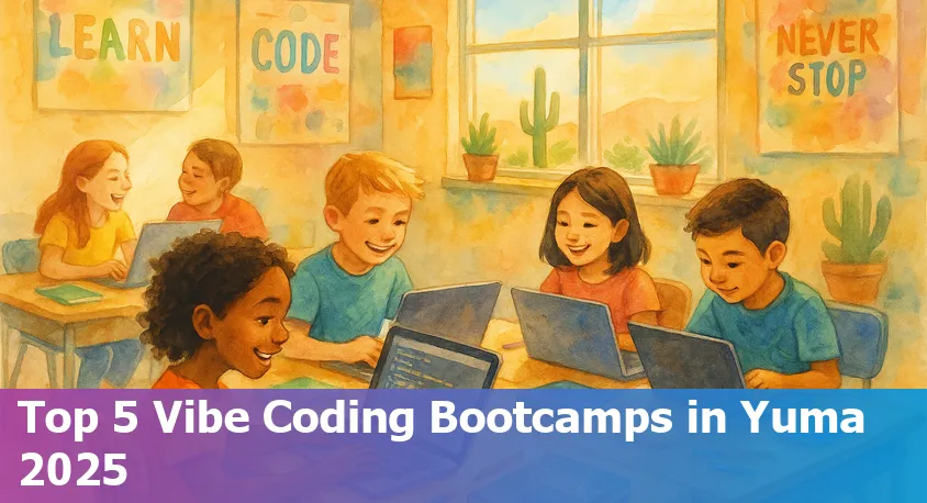 Group of diverse beginners coding together in Yuma, Arizona, smiling and collaborating in a friendly bootcamp environment in 2025.