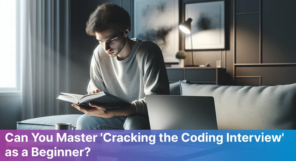 'Cracking the Coding Interview' book with a puzzled beginner in the background