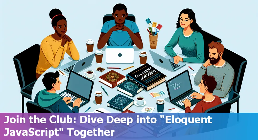 A diverse group of people studying 'Eloquent JavaScript' together