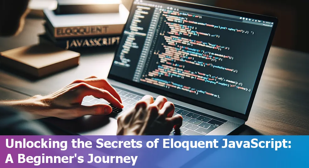 A curious beginner pondering over a copy of 'Eloquent JavaScript'