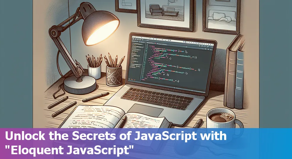 Open book of 'Eloquent JavaScript' with JavaScript code on-screen