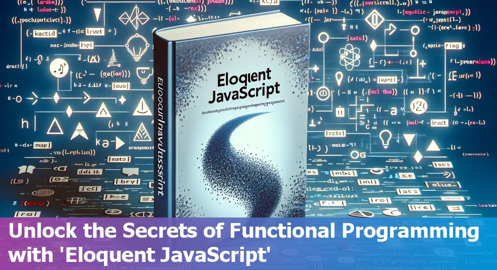 An open book of 'Eloquent JavaScript' with JavaScript code in the background