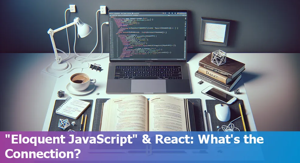 A pile of 'Eloquent JavaScript' books with a React logo