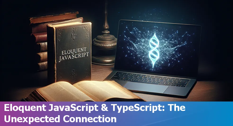 Books stacked with "Eloquent JavaScript" on top, symbolizing the journey through JavaScript