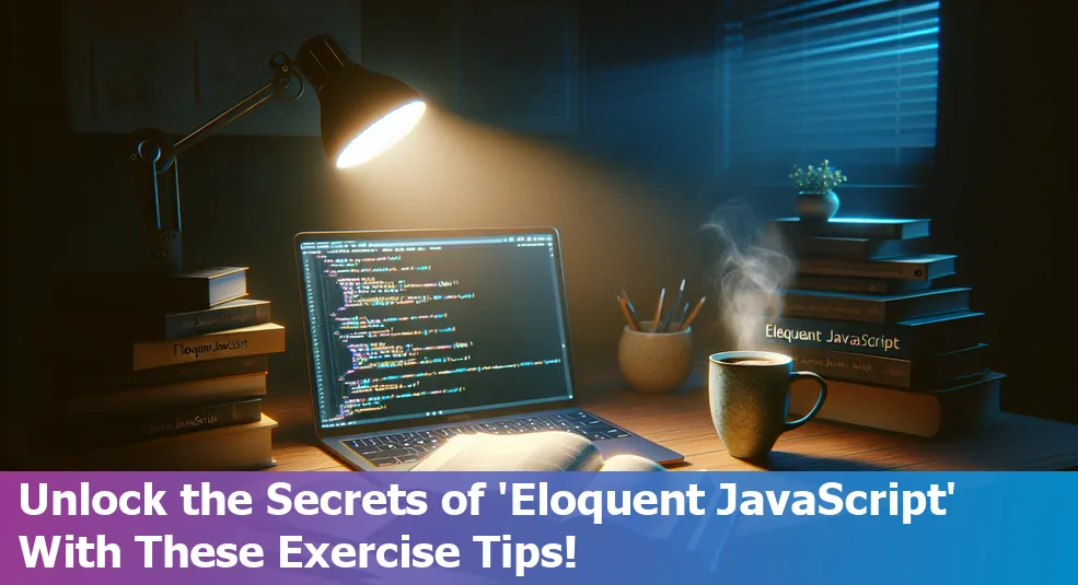 Person studying 'Eloquent JavaScript' with notes and laptop