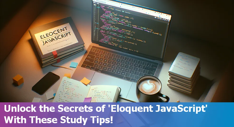 Person studying 'Eloquent JavaScript' with notes