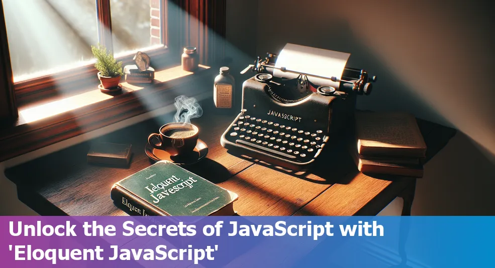 Cover of Eloquent JavaScript book surrounded by programming icons