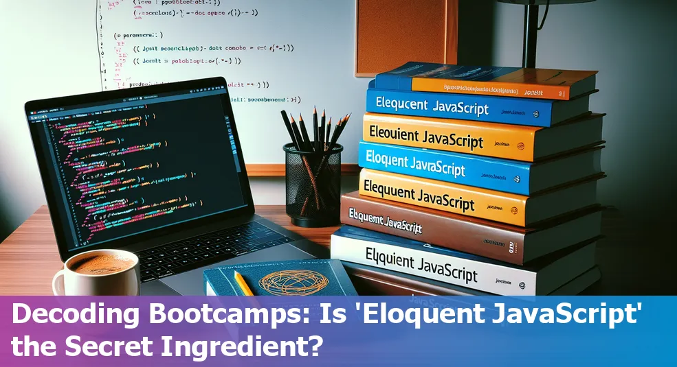 Book cover of 'Eloquent JavaScript' on a coding bootcamp desk