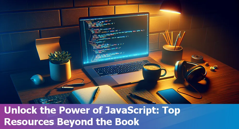 Elegant cover of the 'Eloquent JavaScript' book surrounded by coding resources