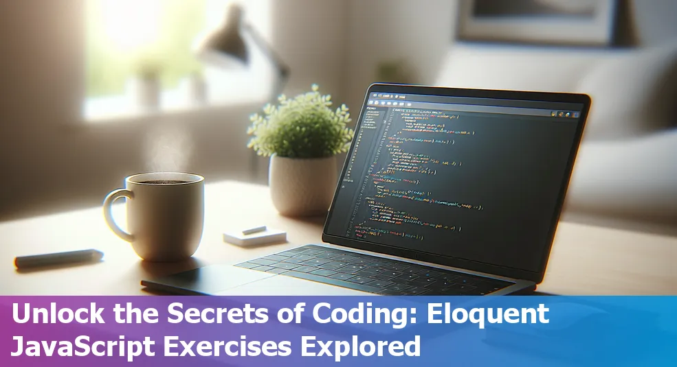 Beginner coder looking at 'Eloquent JavaScript' exercises on a computer screen