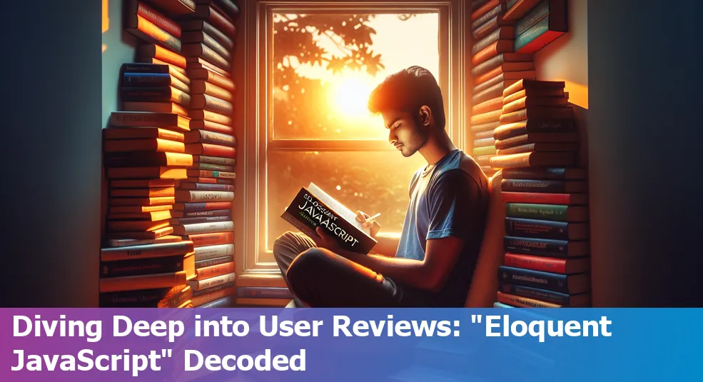 Book cover of 'Eloquent JavaScript' with user reviews backdrop