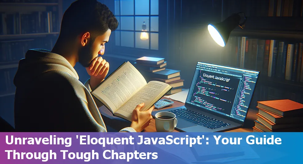 A guide book with puzzle pieces scattered around, symbolizing the process of understanding Eloquent JavaScript