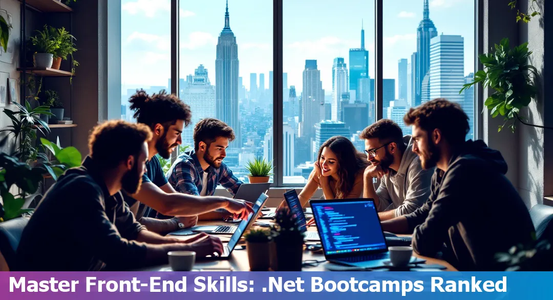People coding at a bootcamp, learning front-end development skills.