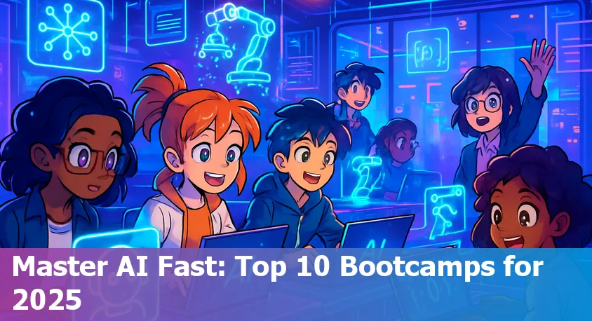 Group of students attending an AI bootcamp with laptops, coding AI projects, and learning collaboratively.