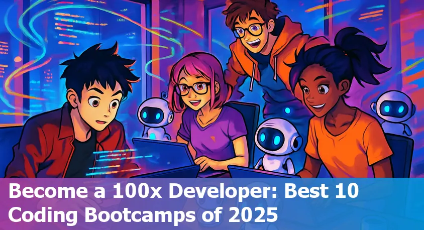 Illustration of a diverse group of developers coding with AI tools and laptops in a modern bootcamp setting
