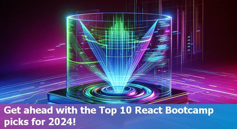 A collage of the top 10 React bootcamps' logos