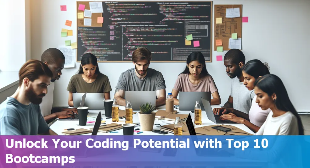 A classroom with diverse students learning coding on their laptops at a bootcamp