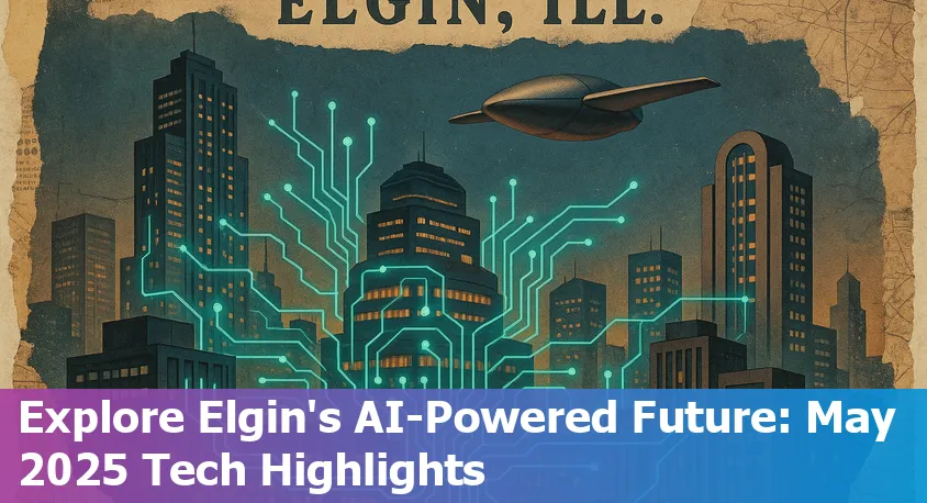 Digital collage of Elgin, IL skyline, local tech labs, and AI-driven manufacturing robots.