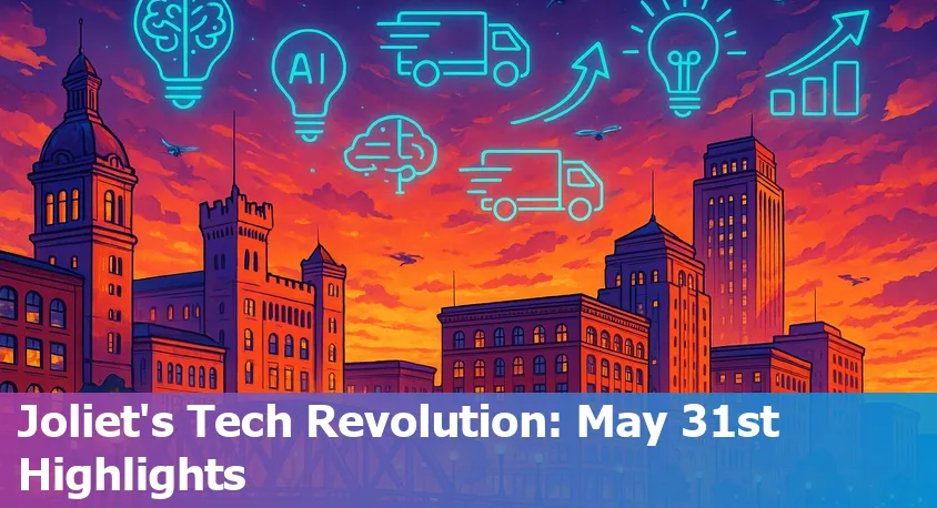 Collage of Joliet, IL city skyline with digital AI and technology icons overlayed, symbolizing local innovation and progress.