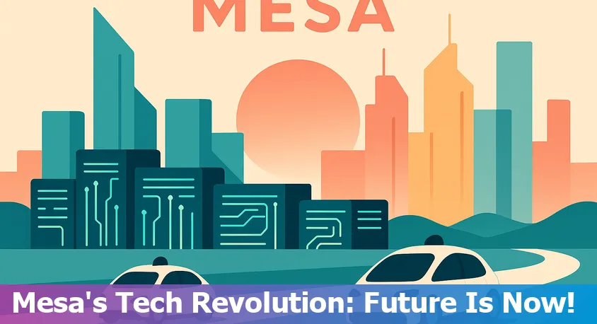 Mesa, AZ skyline with digital tech icons representing AI, data centers, robotaxis, and semiconductors in 2025.