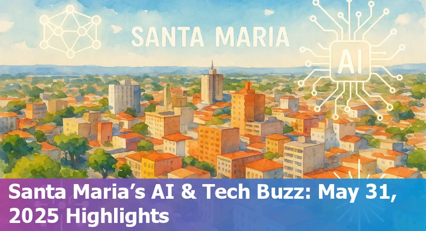 Downtown Santa Maria, CA skyline with digital AI network overlay representing technology news coverage.