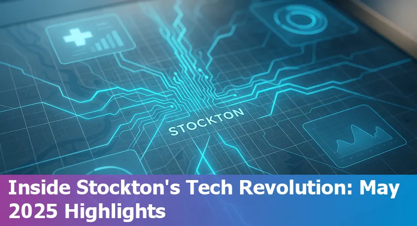 Skyline of Stockton, CA with digital network overlay symbolizing AI and tech innovation.