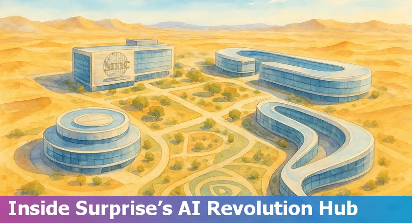A view of TSMC's Phoenix semiconductor plant with tech-inspired cityscape representing Surprise, AZ's AI transformation.