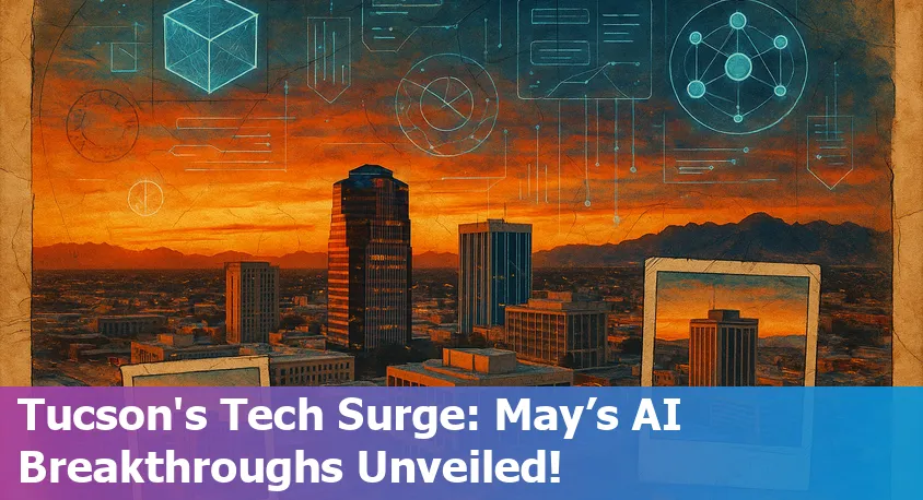 Downtown Tucson skyline with tech and AI graphics overlay, representing the city's tech innovation in 2025.