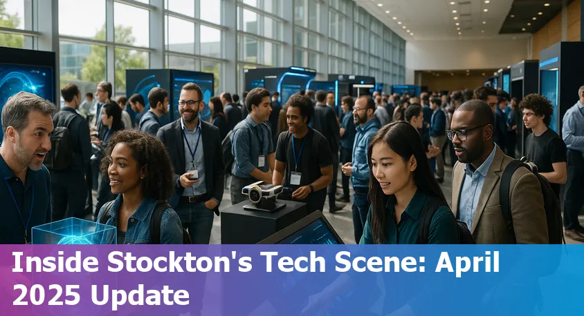Aerial view of Stockton, CA with digital tech overlays and AI icons representing local innovation.