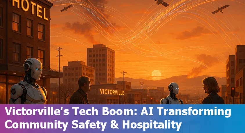 Robots and AI technology at a modern Victorville hotel with a High Desert background.
