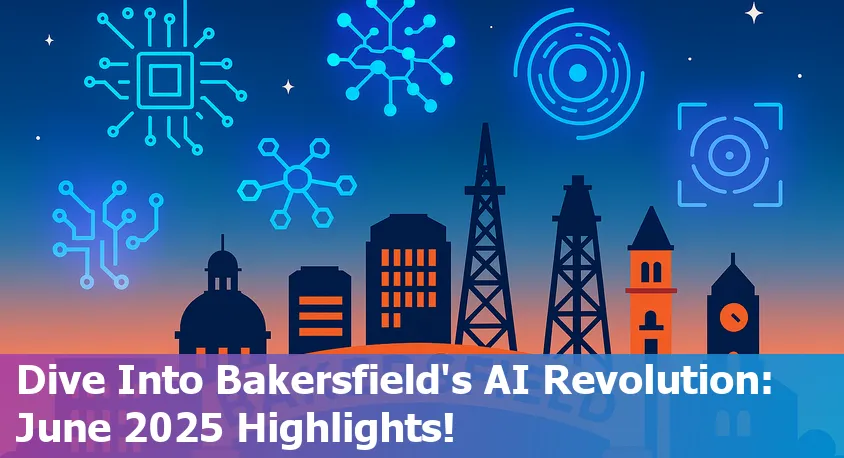 Bakersfield, CA skyline at sunset with digital AI icons overlay, symbolizing technology transformation in Central California.