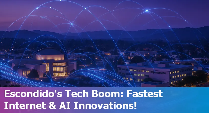 Downtown Escondido with digital network lines and tech symbols illustrating the city’s growing technology scene.