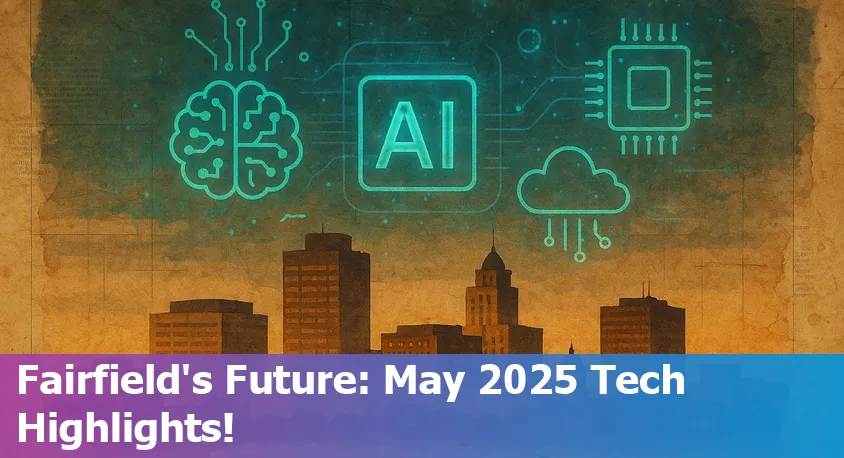 Downtown Fairfield skyline with digital tech and AI icons overlay, reflecting innovation and news trends in 2025.