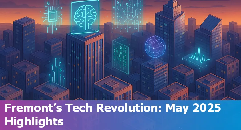 Fremont, CA tech skyline with Neuralink headquarters and AI innovation icons, representing the city’s 2025 tech boom.