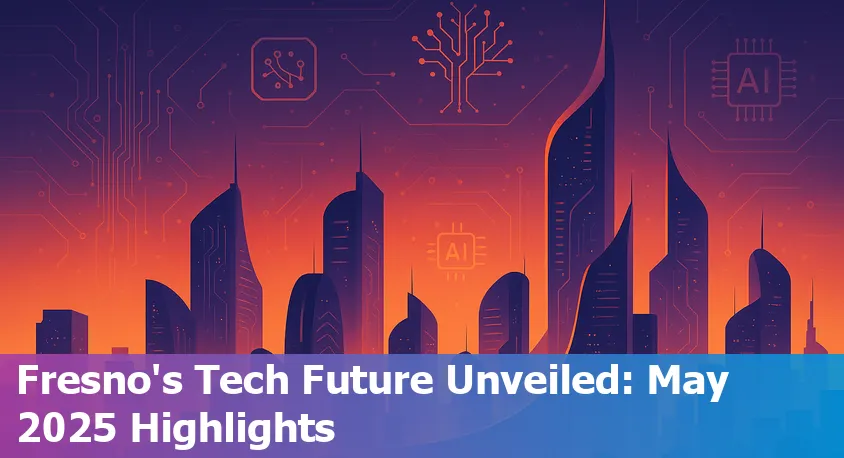 A panoramic view of downtown Fresno, California with digital graphics overlay symbolizing artificial intelligence and technology advancements.