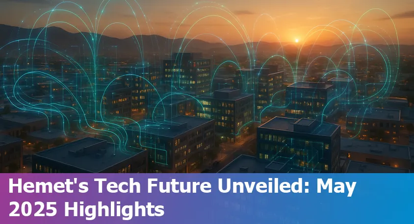 Downtown Hemet, CA with tech and AI-themed graphics overlay illustrating innovation.