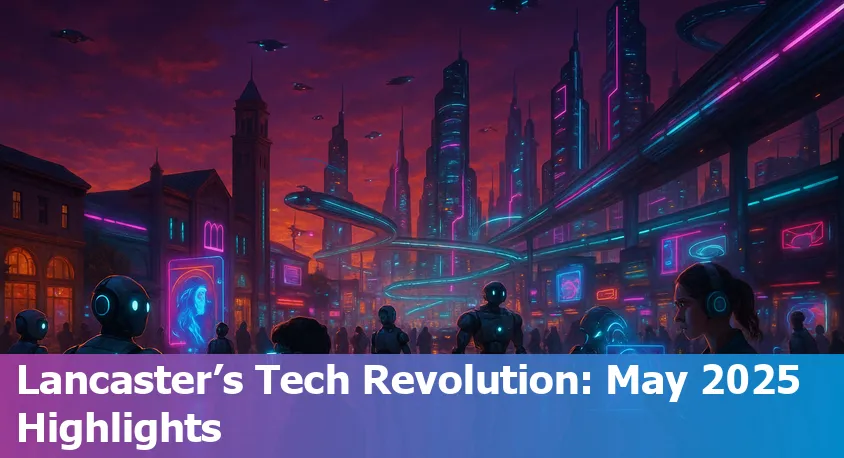 Lancaster, CA cityscape with digital network and AI technology icons overlay, symbolizing regional tech innovation.