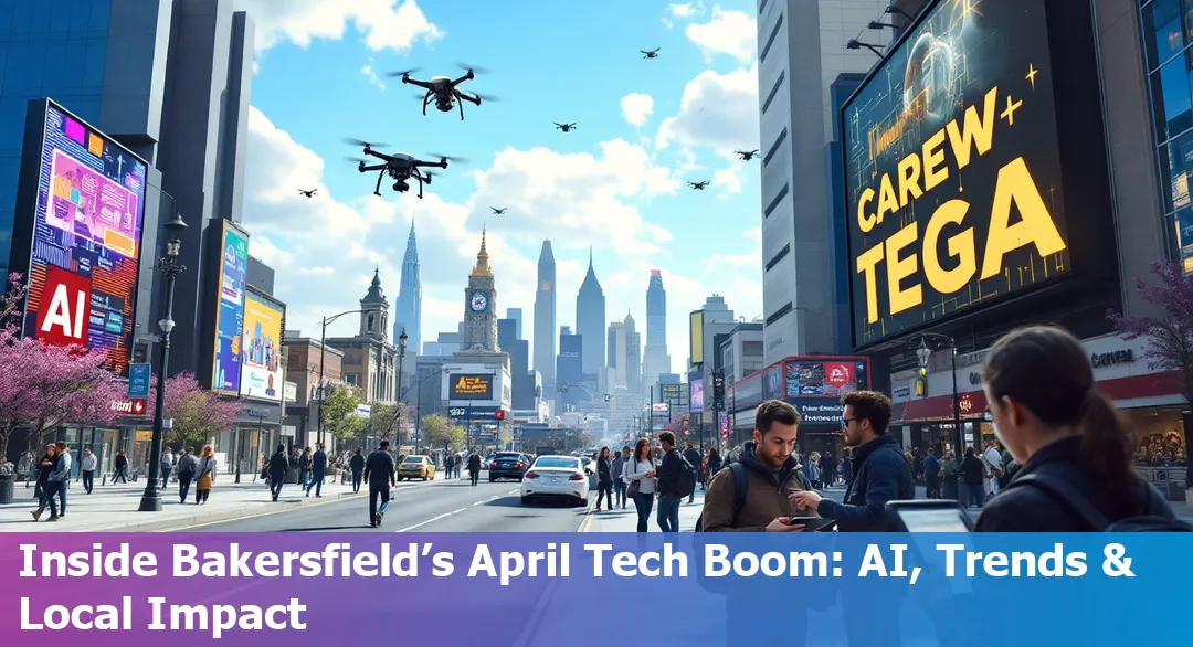Downtown Bakersfield skyline with STEAM Yard hub, drones, and digital learning icons representing technology in education and infrastructure.