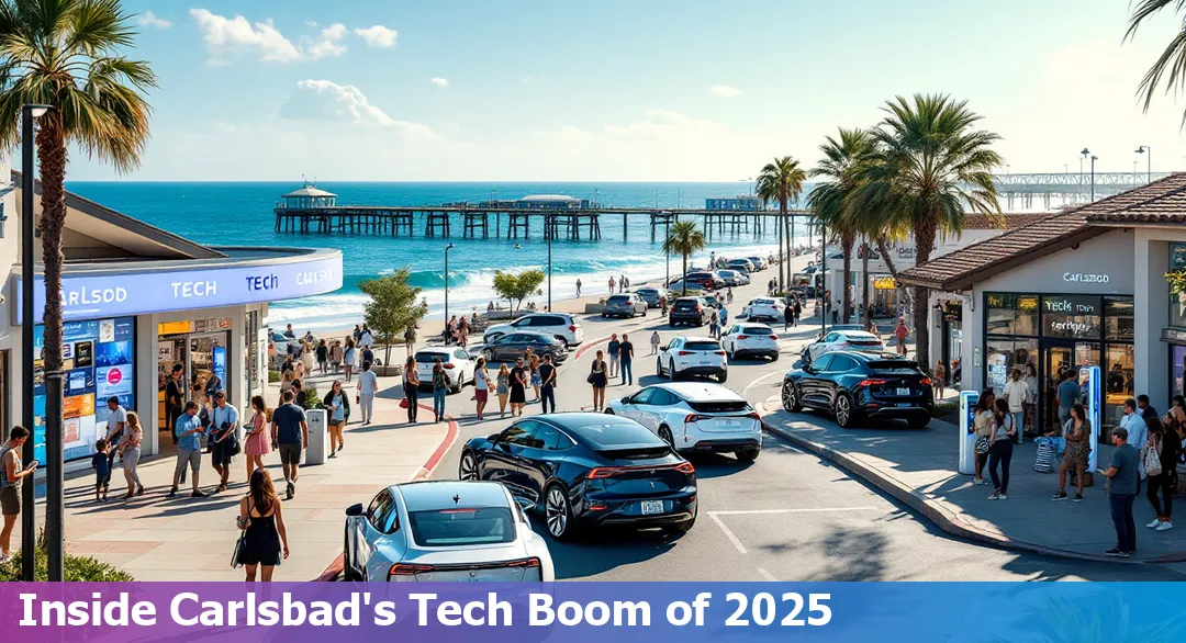 A panoramic view of Carlsbad, CA with modern tech offices, solar panels, and coastal landscape under a clear blue sky.